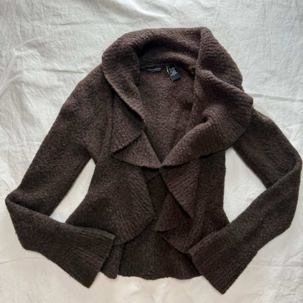 Y2k Brown Moda International Wool Blend Open Ruffle Cardigan Sz L